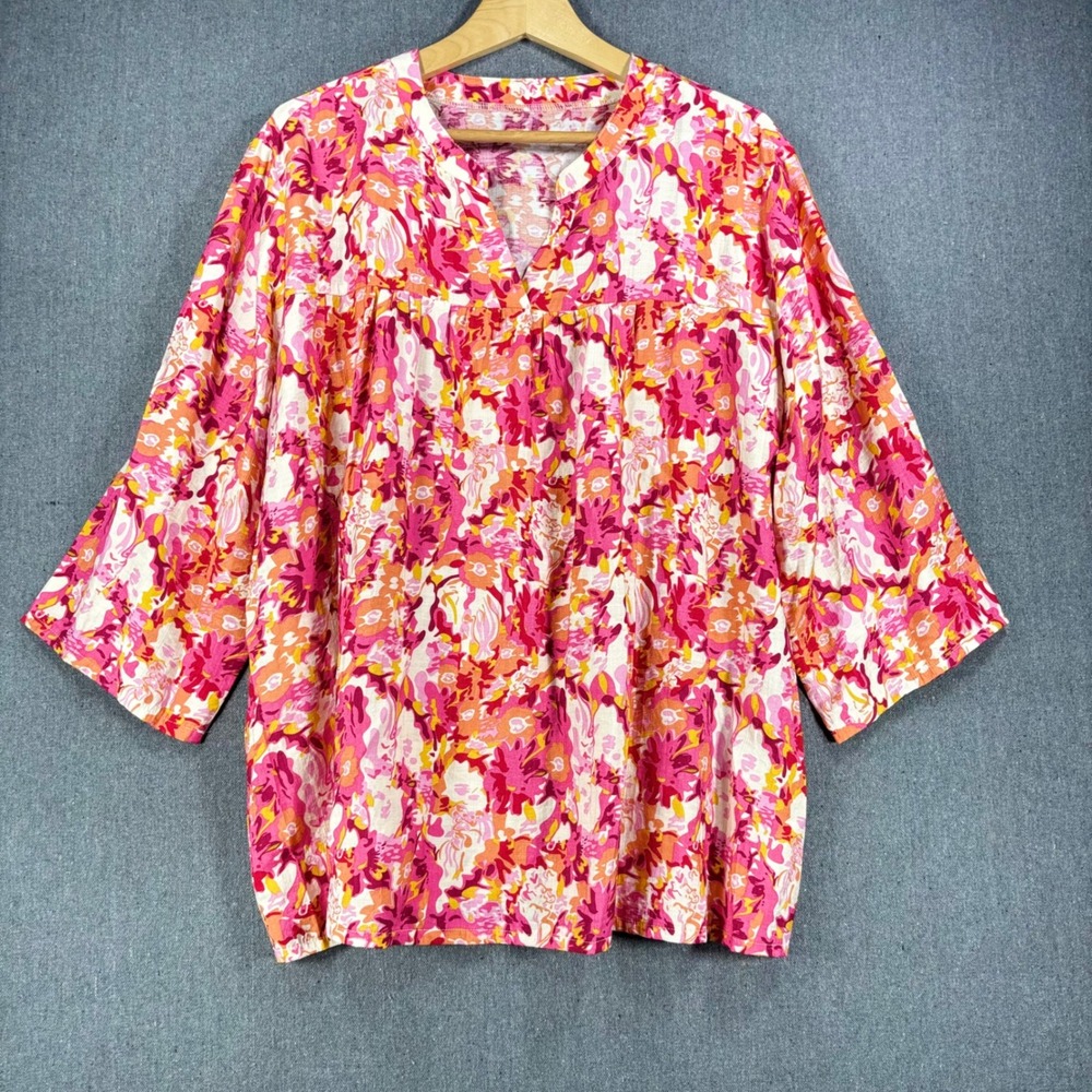 Rapbin Blouse Women XXL Pink Orange Floral V-Neck 3/4 Sleeve Rayon Blend Top